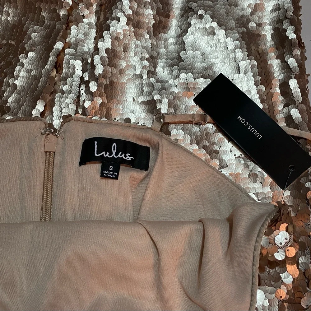 NWT Lulus Top Of The Hour Rose Gold Sequin Mini Dress Pink, Size S - Picture 5 of 6